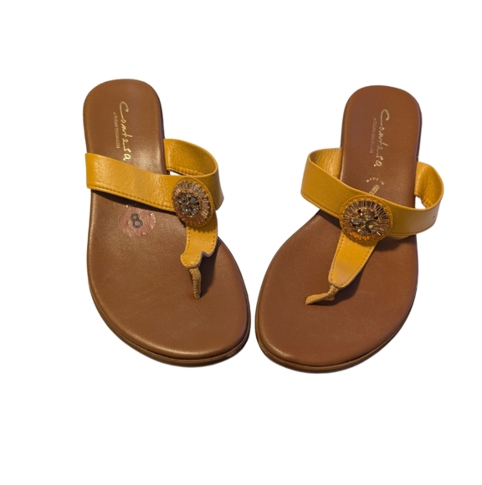 Contesa Sandals | Sz 8 | Made In Italy | Mid Wedge | Tan & Yellow W/Gold Accent